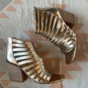 ROSE GOLD/GOLD gladiator wedge/heels